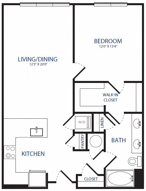 Floor plan for 1 bed, 1 bath, 827 sqft